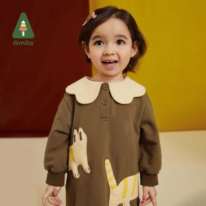 Jurken Amila kinderkleding meisjes 2023 Nieuwe herfst schattige contrasterende kleuren bloemkraag katoenen kledingkinderen's baby dress