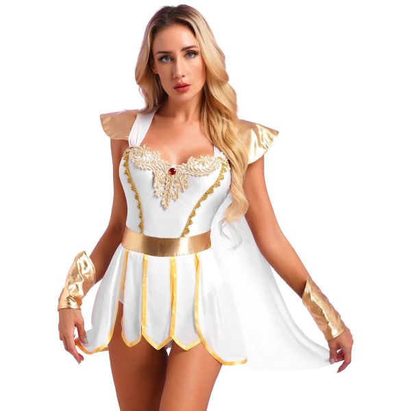Vestidos Disfraz de emperatriz romana antigua Trajes de diosas griegas Body metálico para mujer Minifalda Conjunto de muñequeras Toga de Halloween DressUp