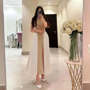 Vestidos hasta el tobillo vestidos De graduación Dubai Arabia Saudita mujeres usan cuello redondo sin mangas plisados fiesta De cumpleaños batas De cola vestido