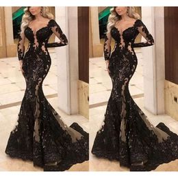 Jurken Applique Black Evening Designer kristallen van de schouder zeemeermin lange mouwen met lange mouwen op maat gemaakt Deep V nek prom feestjurk vestidos estidos