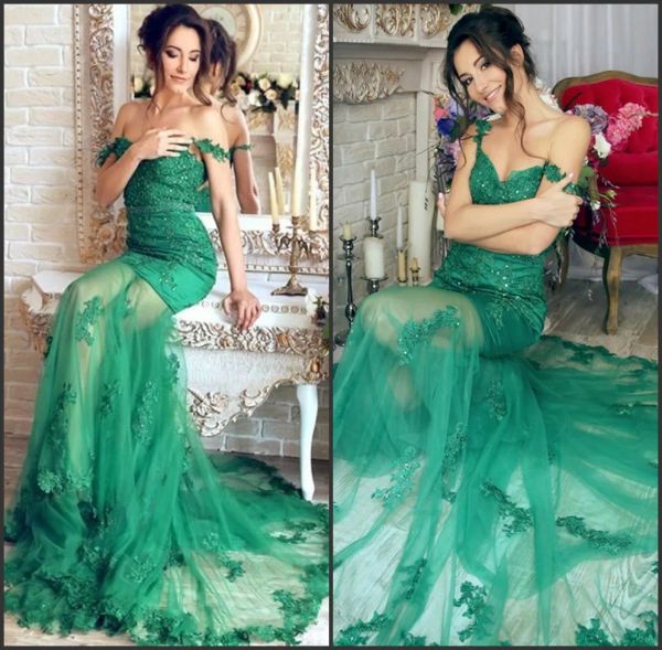 Vestidos Apliques Vestido de noche verde Mermaid Sheer Falda Tulle Browing Gorgeous Off the Heffes Prom Vestido de vestir de tierra Tendancia Longue