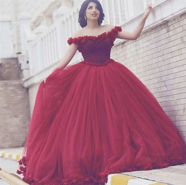 Robes arabes design scoop perles perles fleurs de l'épaule robes de bal rouge robe de bal robes de soirée princesse 2019