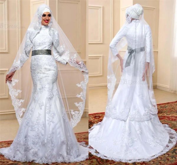 Vestidos árabes kaftan dubai altos vestidos de boda bajos vestidos de novia musulmanes hechos a medida mangas largas de encaje alto con hijab