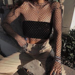 Jurken Artsu Boat Neck Long Sleeve Sexy Hollow Out Club Party Blouse Women Black Fishnet Mesh Shirt Lady Diamond Beading Crop Top 2019