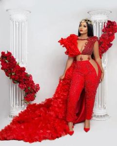 Robes Aso Ebi Combinaison avec Wrap Rouge Robes De Bal Cristaux Pantalon Costume À Volants Partie Deuxième Réception Robes Plus La Taille Robe De Soirée