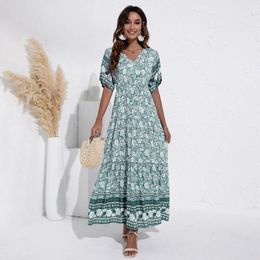 Robes Atuendo Été Bohème Robe Douce pour Femmes Mode Solide Vert Maxi Robe en Soie Casual Invité De Mariage Vintage Taille Haute Robes