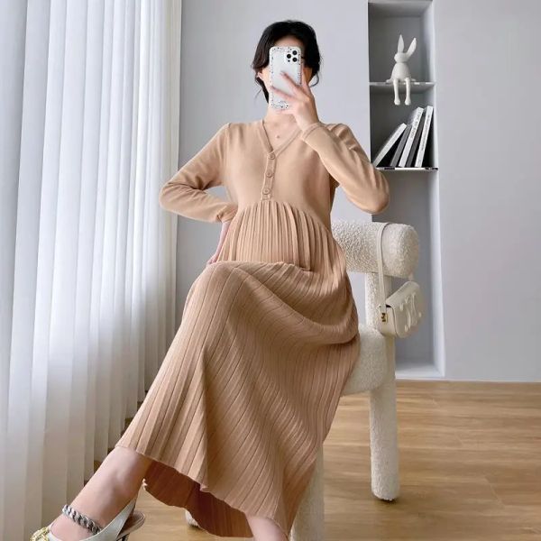 Robes Autumn Korean Tricot à manches longues à manches longues hautes patchworks de maternité plissée mode Vneck vêtements pour femmes enceintes grossesse