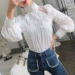 Robes Automne Femme Blouses Feme Stand Collar Lanterne Mesh Mesh Lace Patchwork Shirt Corée Vêtements Fashion NOUVEAU