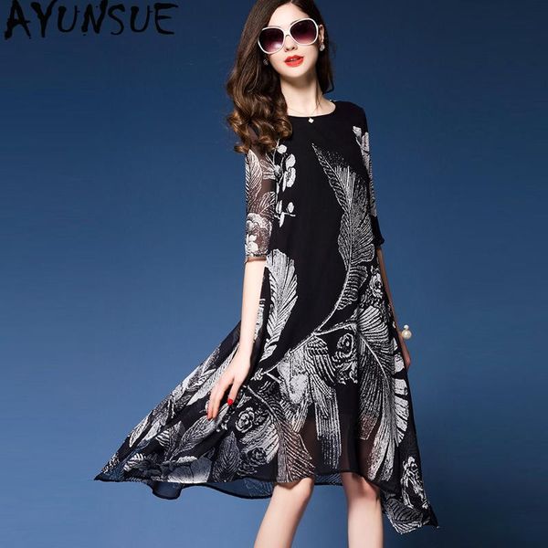 Robes Ayunsue Robe d'été 2022 Femmes en mousseline de mousseline Habille élégante Midi Floral Dames Robes Casual Vintage Beach Vestidos Spring KJ4487