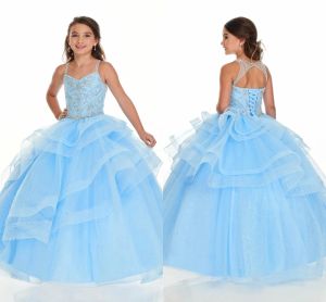 Vestidos Baby Blue Bling Beading Crystal Girls Prestas de concurso 2022 Vestidos de pelota Spaghetti Backy ohole Back Mini Quinceanera Party Dresse