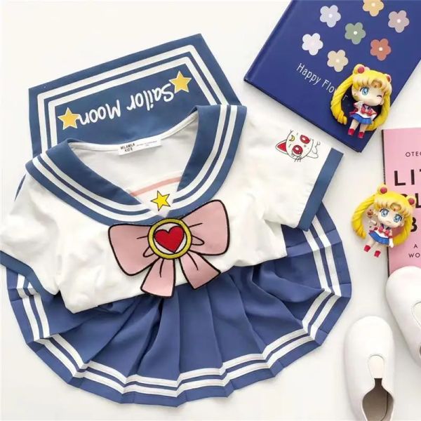 Vestidos Conjuntos de ropa para niñas pequeñas Tops a rayas con lazo de verano Faldas plisadas Trajes Lindo Sailor Moon Cosplay Party Custume Conjunto de ropa para niños
