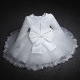 Robes bébé filles robes à manches longues pour la fête en dentelle de mariage gros robes de nœud bébé 1ère anniversaire princesse blanche baptême robe