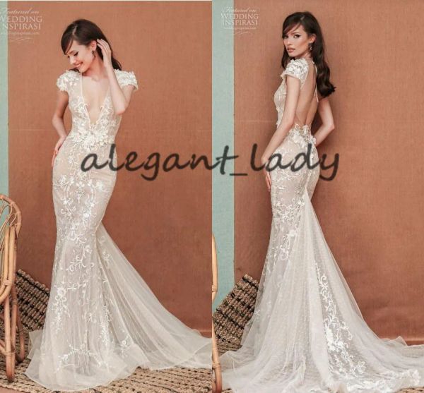 Vestidos Vestidos de novia de cola de pescado de playa sin espalda 2023 Berta Couture Lace aplicado manga corta Vneck Garden Bride Vestidos