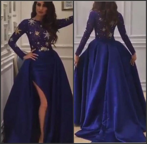 Robes robes de bal satin satin royal bleu haut slit manches longues en dente