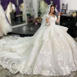 Jurken Ball Long 2021 Sleeves Lace Applique Tiered V Neck Custom Made Chapel Train Wedding Bruid Jurk Vestido de Novia Estido