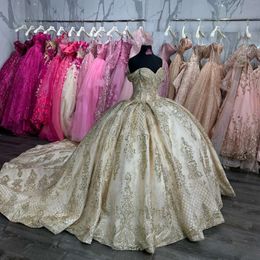 Jurken Ball Princess Jurk Gold Off Shoulder Glitter Pailletten Vestido de Quinceanera Lace Up Back Sweep Train Zoet 15 Maskerade jurk