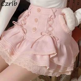 Robes Bandage Robes De Bal Mini Jupes Femmes Rose Doux Mignon Y2k Vêtements Filles Acgn Faldas Tricoté Taille Haute Haruku Style Japonais