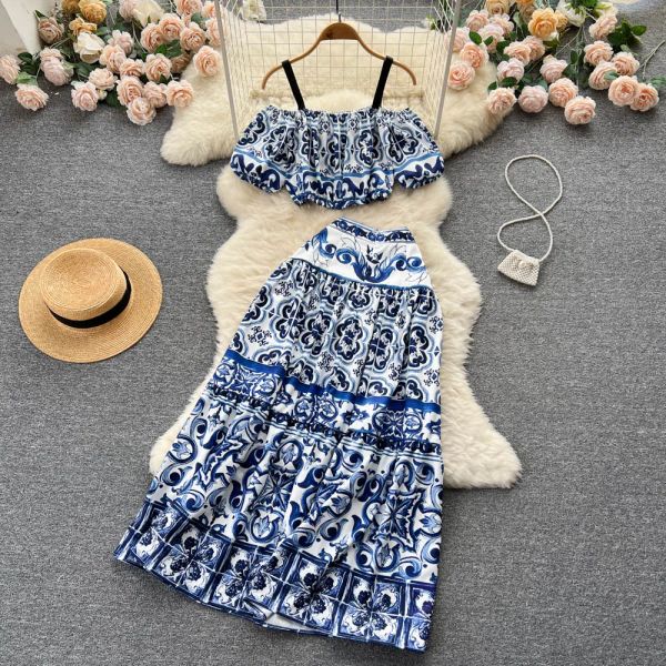 Vestidos Banulin Fashion Runway Faldas de verano Traje Mujer Manga corta Azul y blanco Porcelana Estampado Crop Tops y falda Conjunto de 2 piezas