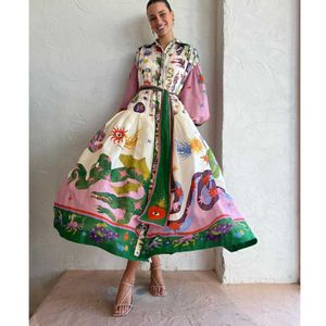Jurken Basic Casual Dresses Polo Neck Gedrukt Vintage Long Jurk Princess Mouwen Laceup Big Hem Loose Vestidos Fashion Women Elegant Robe 230823