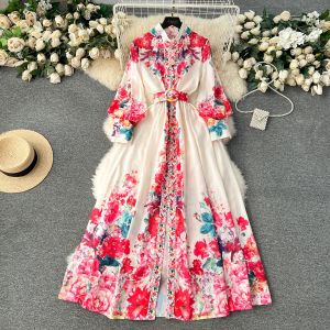 Jurken Basic Casual Women Dresses 2024 Fashion Holiday Gordele Flower Maxi Dress Women's Stand Long Lantern Sleeve Linen Floral Print SA