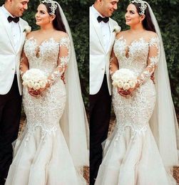 Robes de mariée perlées robe de mariée manches longues 2022 dentelle appliques cristaux bijou cou sur mesure pays jardin robes de novia