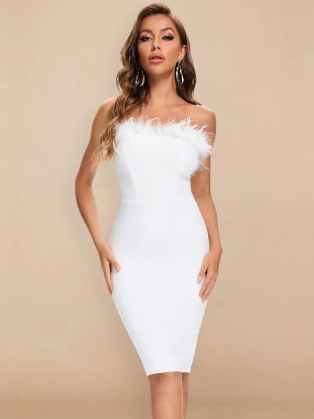 Robes Beaukey blanc sexy plumes hl bandage robes 2023 pour les femmes rose rose club de robe noire de célébrité xl vestido