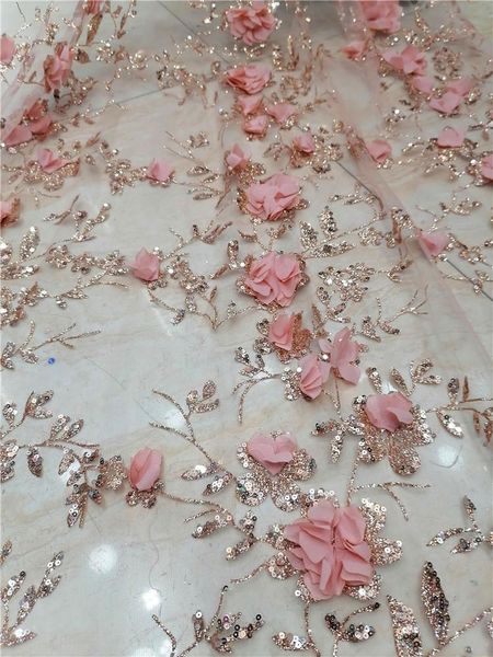 Robes Belle dentelle africaine colle paillettes avec fleurs 3D tissu en maille de tulle français pour robes de soirée/mariages robe rose/blanc