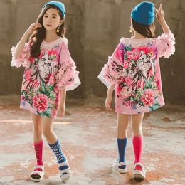 Robes Big Girls Robes Kids Crown Cat Lettre de fleur imprimé Long T-shirts Habille Childre