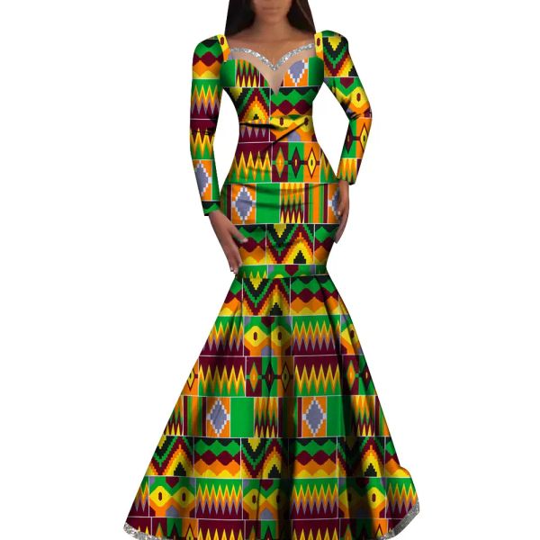 Vestidos bintarealwax vestidos de túnica de moda ankara vestidos africanos para mujeres manga larga elegante dashiki boda platada falda west