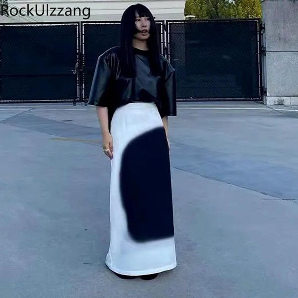 Vestidos Estampado negro Maxi Falda larga blanca Cintura elástica Haruku Sexy Gótico Japonés Calle Moda Y2k Punk Hippie Faldas Midi Grunge