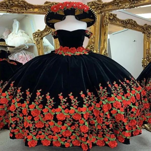 Vestidos Negro Quinceañera D Apliques florales Fuera de las correas del hombro Veet Corsé por encargo Volver Dulce Princesa Pageant Vestido de fiesta Vestidos