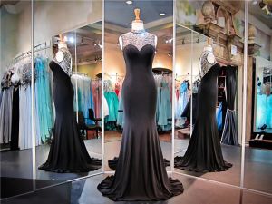 Robes Black / Silver Jersey Formulting Robe de soirée Per perle Coule Couche de sertissage Back Robe Prom Robe Sheer Pageant Robe