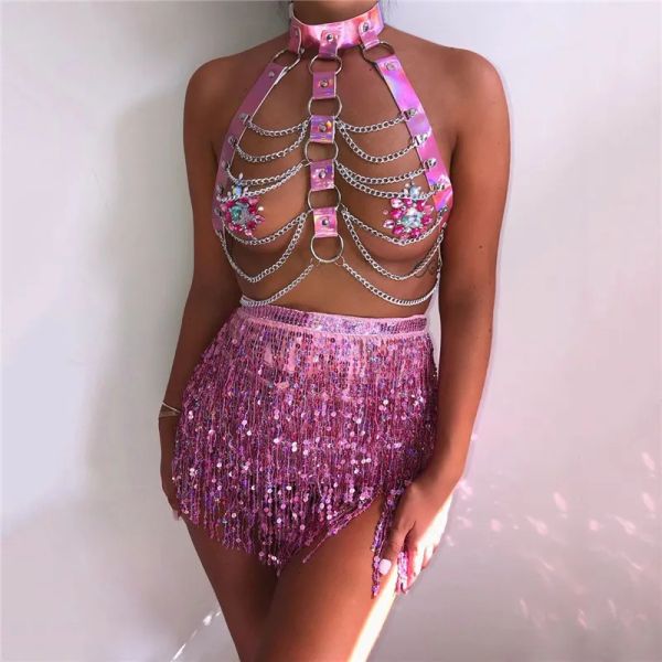 Robes Bling Wet Look Hologram Sequins Tenues Hollow Link Chain Choker Tops Long Tassel Bandage jupes Sexy Ladies Party Two Piece