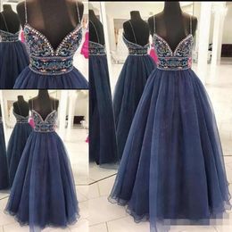 Jurken Blue Prom kralen marine spaghetti riemen een lijn tule avondjurk op maat gemaakt backless vloerlengte formele slijtage