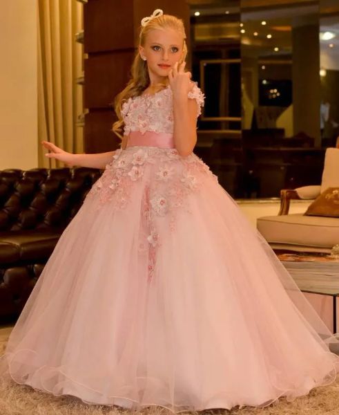 Robes rougis rose arabe fleur robes fille 3D appliques florales perles enfants robes de mariée vintage petite fille robes de concours fg11