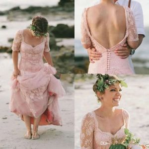 Robes Blush Pink Beach Wedding avec manches courtes robe nuptiale sexy