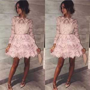 Jurken blush roze korte homecoming jurken lange mouwen juweel nek goedkope feestavond mini lengte prom jurk formele jurken