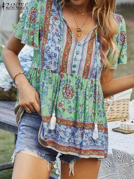 Robes Bohemian Holiday Shirt Zanzea Summer V Neck Col à manches courtes Blouse Floral Femmes Place Tops Fashion Casual Cascold Tassels Blusas Chemise