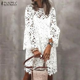 Robes bohème en dentelle robe crochet Femme Summer Sundress Zanzea 2022 Casual Flare Mineve Floral Mini Vestidos Stracts Robe White 2pcs