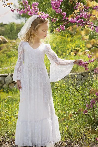 Robes Boho Chic Flower Girl Robes 2017 vintage manches longues de demoiselle d'honneur junior Longueur Bohemian 1ère robe de communion pour Litt