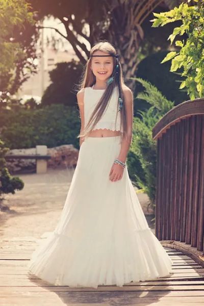 Vestidos Boho Chic Flower Girl Vestidos 2017 Vintage 2 piezas Junior Dama de dama de honor Longitud del piso Bohemio 1er Vestido de comunión para Little G