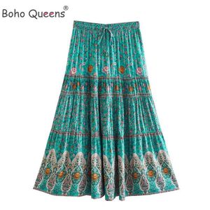 Robes Boho Queens Hippie femmes bohème imprimé fleuri jupe de plage taille haute élastique rayonne coton Aline Maxi jupes Femme