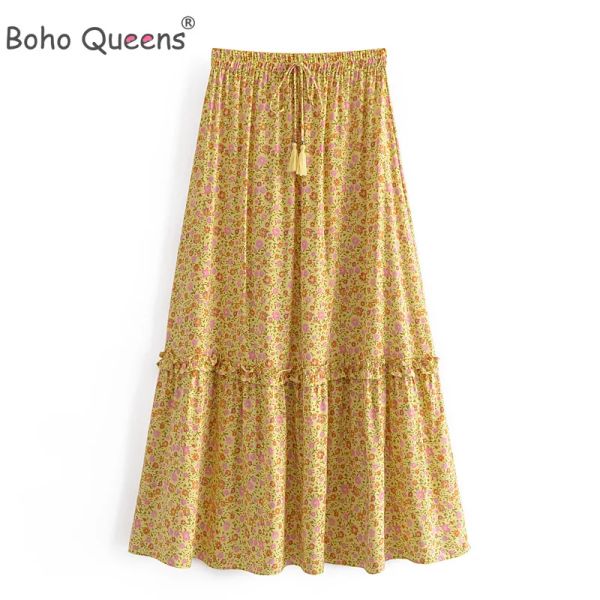 Vestidos Boho Queens Hippie Mujeres Estampado floral Playa Falda bohemia Señoras Alta cintura elástica Aline Rayon Maxi falda