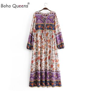 Robes Boho Queens femmes col en v gland Multi motif plage bohème Maxi robe dames à manches longues coton robes