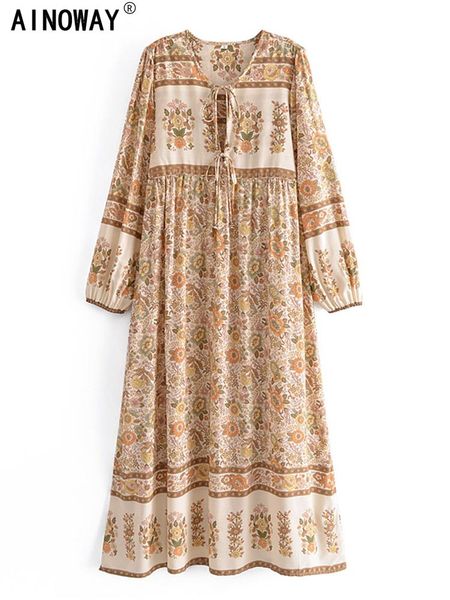 Robes boho vintage femmes à manches longues à imprimé floral noue plage bohemian maxi robe dames rayon coton cotton sundress robe
