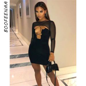 Jurken Boofeenaa Zwarte Tweedelige Sets Sexy Club Outfits voor Vrouwen Hollow Out Backless Bodycon Mini-jurk met Mesh Top C83cz18