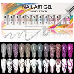 Jurken Bozlin 12pcs Reflecterende Glitter Lijn gel nagellakkit Sparkling Holographic Soak Off Semi Permanent Color Nail Art Gel Set