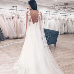 Jurken Bridal 2021 Jurk bruiloft met strand spaghetti riemen eenvoudige kanten applique tule een lijn backless sweep trein op maat gemaakte vestido de novia