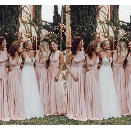 Jurken bruidsmeisje licht cabriolet roze een schouder v nek riemen plooien een lijn vloer lengte bruidsmeisje jurk landelijke bruiloftslijtage