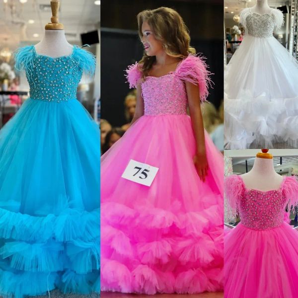 Robes Bubblegum Girl Pageant Robe 2024 Feather épaule Crystal Tiered Aqua Tulle Litt